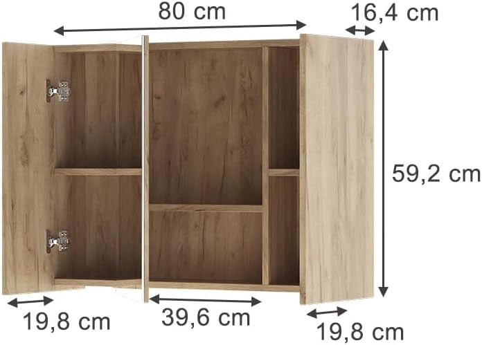 Specchio contenitore bagno Leopold, Quercia dorata, 80 x 59.2 cm con ripiani, che trova posto in ogni bagno