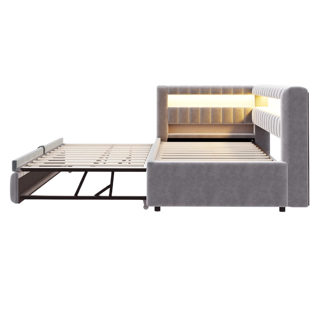 LETTO Divano letto estraibile 90x200 cm in velluto grigio chiaro con LED e USB