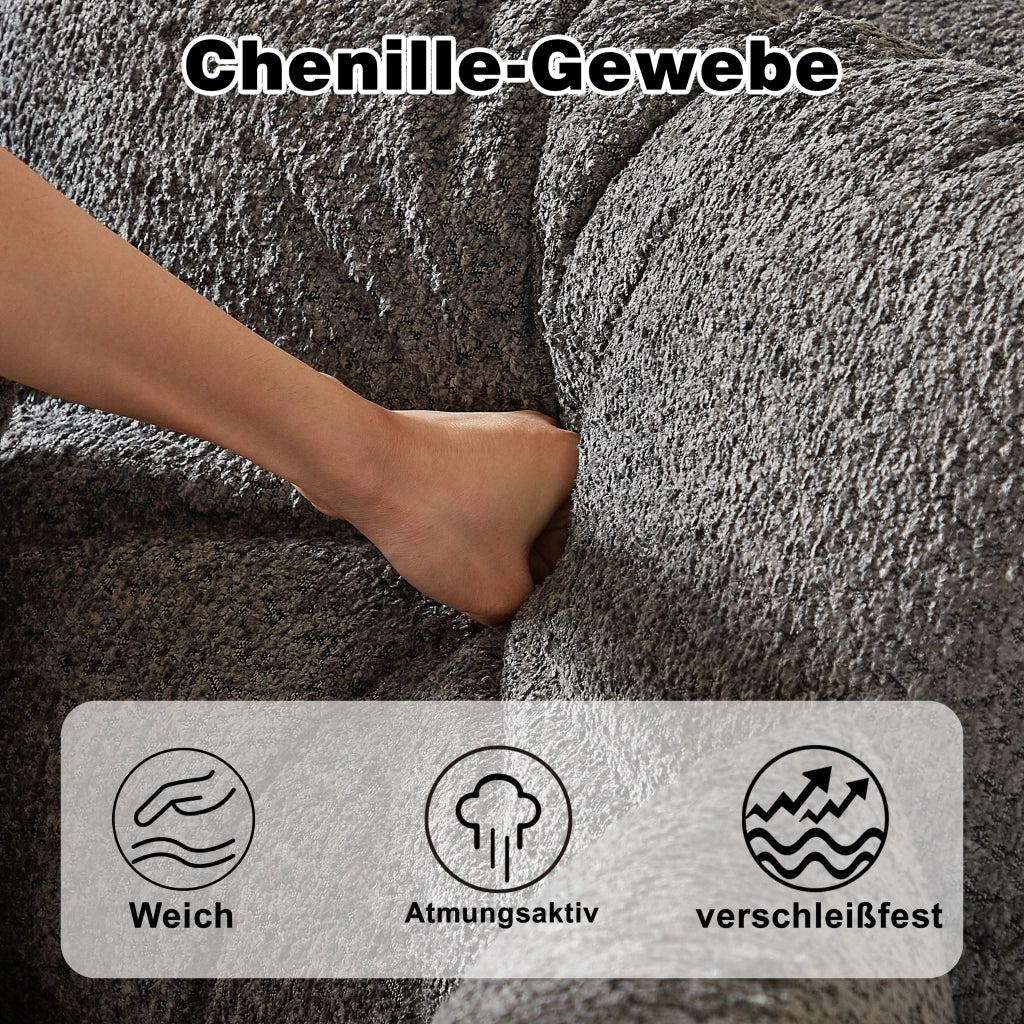 Divano angolare modulare in ciniglia con chaise longue reversibile e supporto in ferro, cuscini cervicali grigio