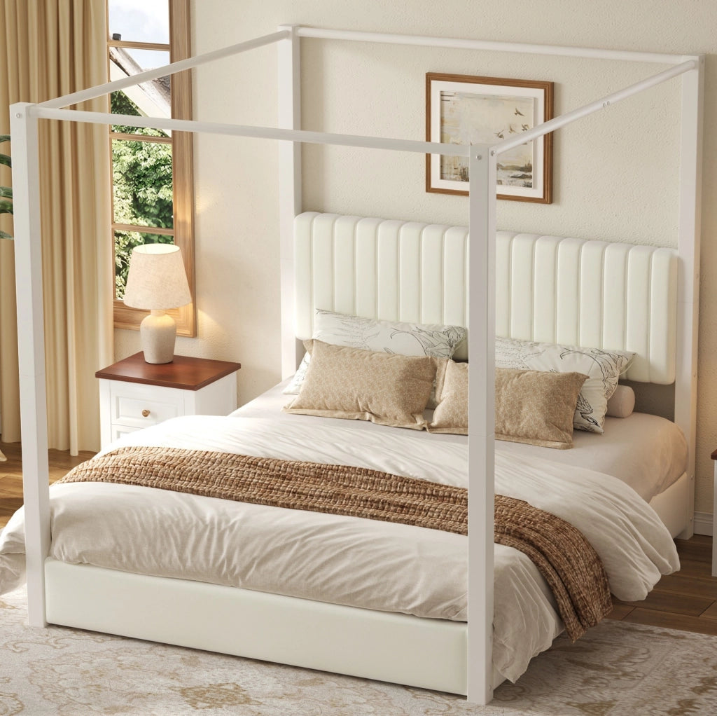 Letto a baldacchino 180x200 cm con testiera imbottita in velluto MDF metallo beige e bianco