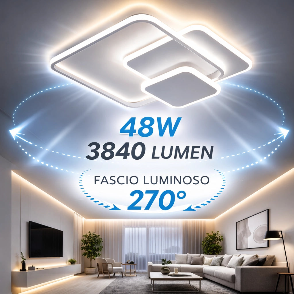 Plafoniera LED 48W Moderna Quadrata Bianco, 3840 Lumen, CCT Switch 3000K 4000K 6500K, Soffitto Interno IP20, Luce Diffusa 270°