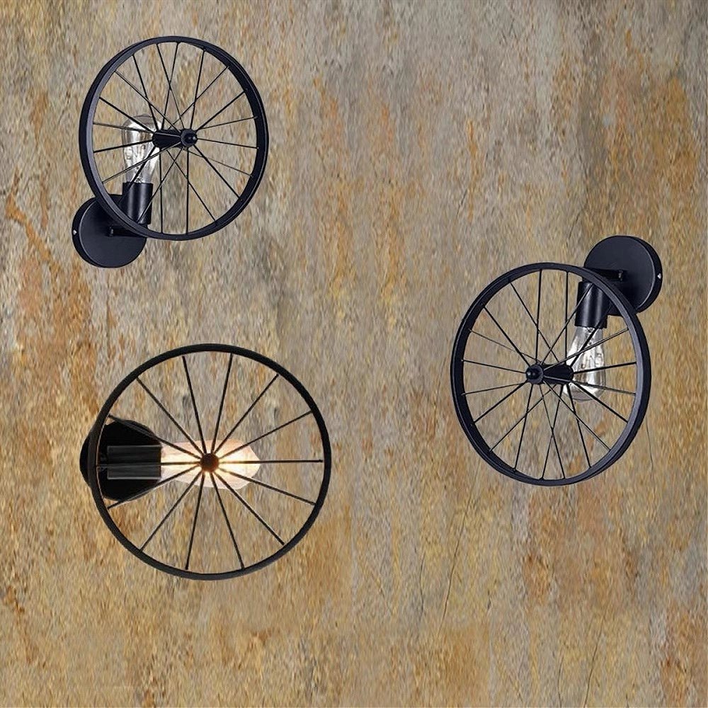 Trade Shop - Applique A Parete Stile Vintage Lampada Forma Di Ruota Bicicletta Nero E27 Aq62 -