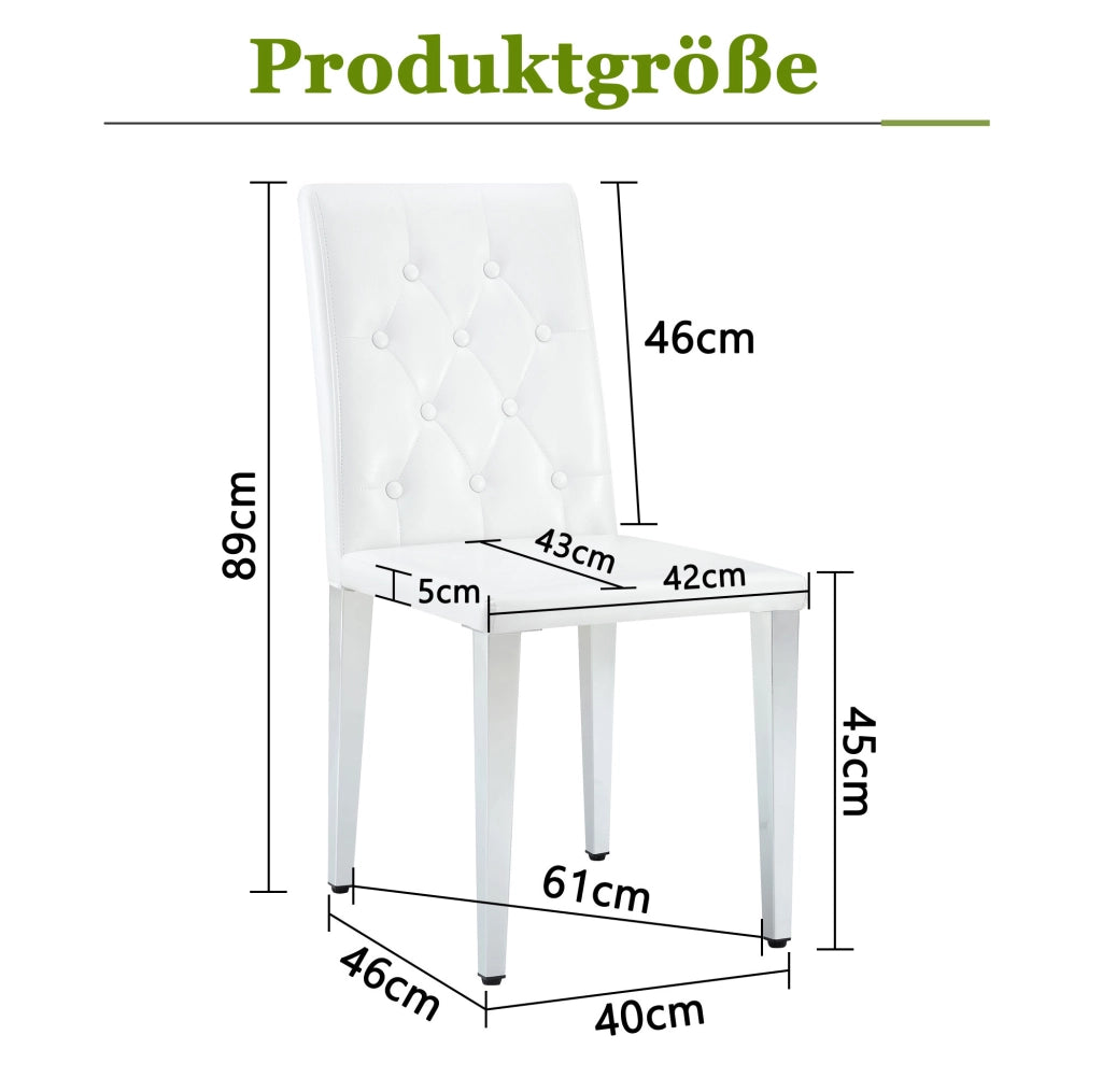 Set di 4 sedie da pranzo con schienale trapuntato e gambe in metallo; PU bianco e argento