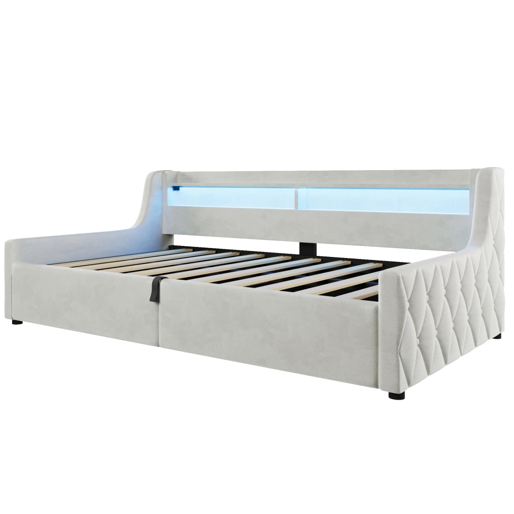Letto Contenitore Singolo 90x200 cm; LED e Contenitore - in Flanella - Off White