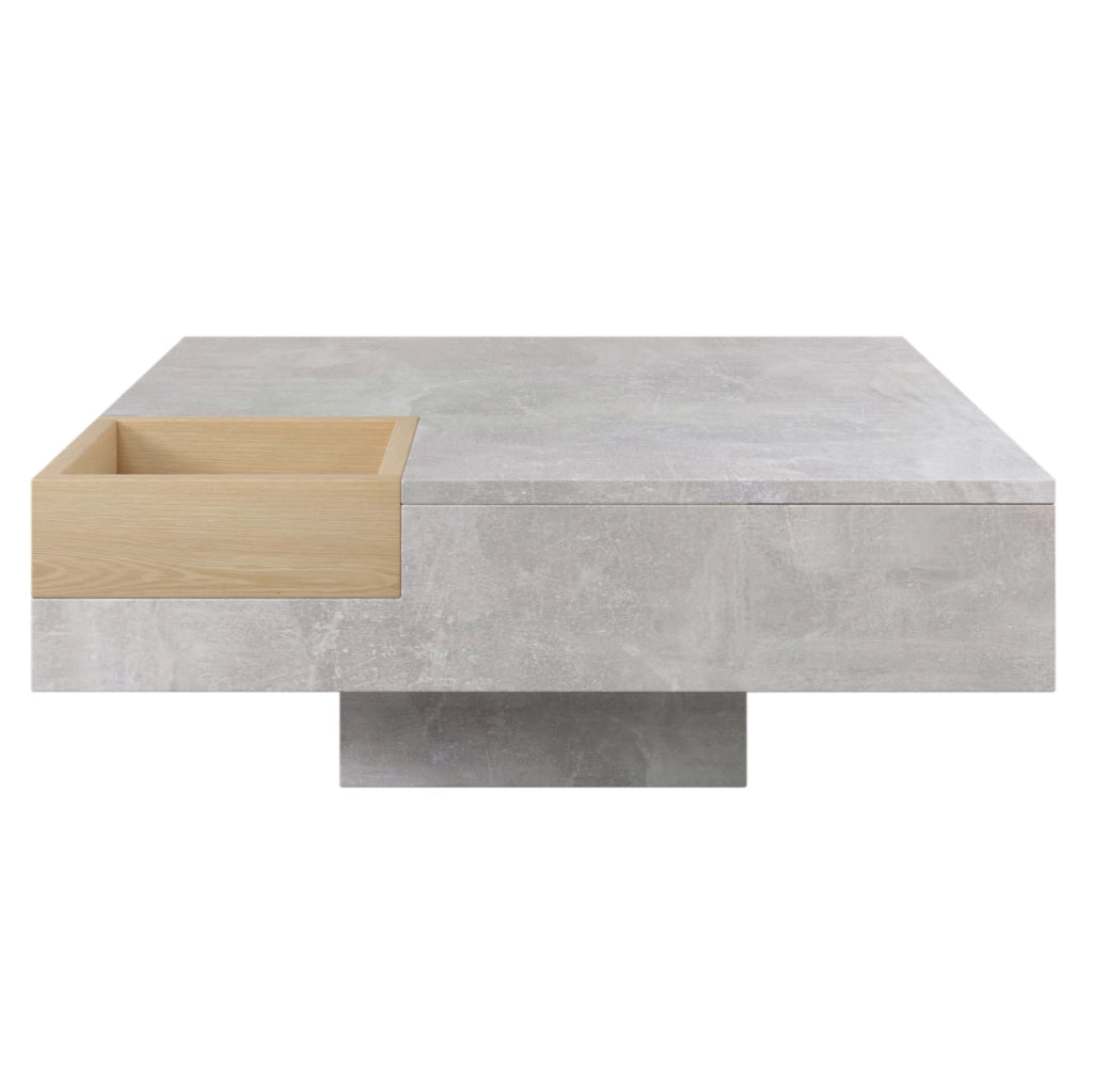 Tavolino da caffè 72x72x30 cm con box contenitore estraibile; grigio cemento e legno