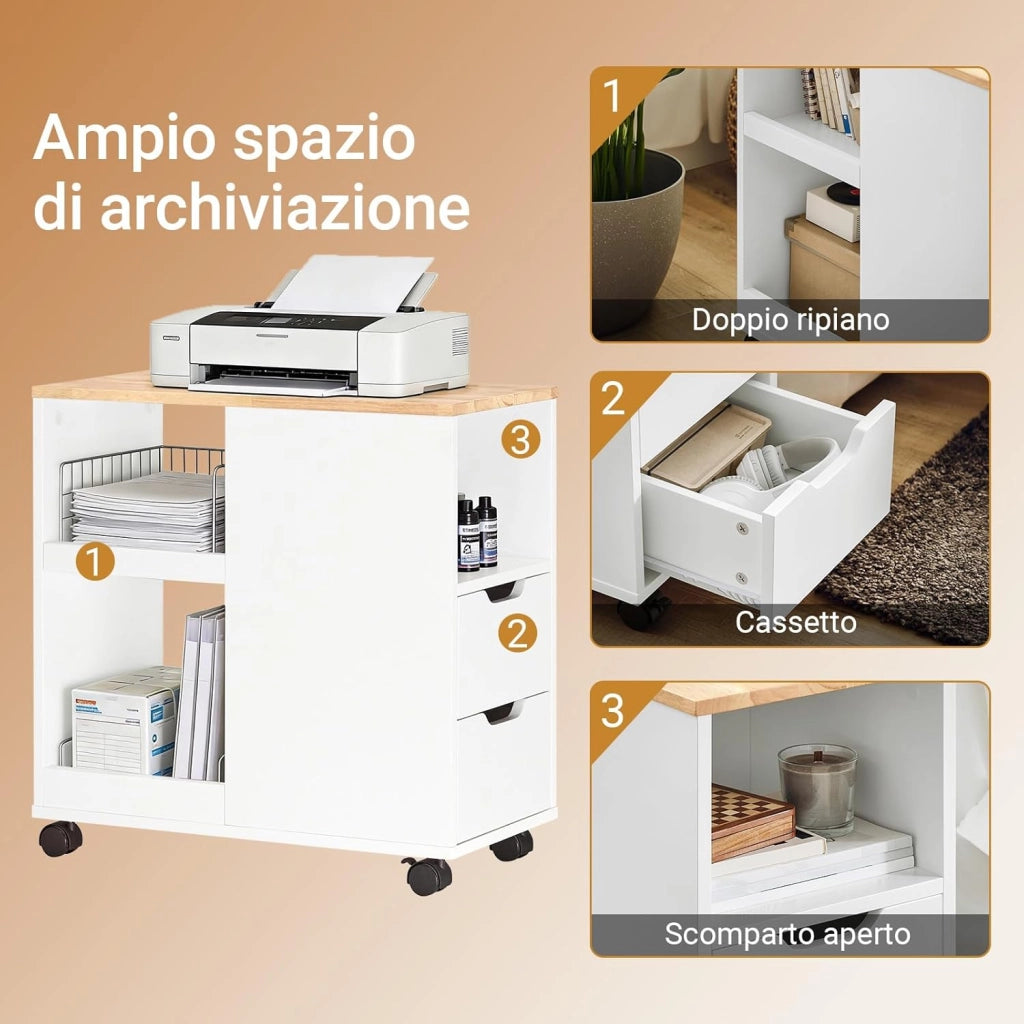 Supporto per Stampante con Ruote – Mobiletto per Stampante con Cassetti e Vani, Tavolino Multifunzionale per Ufficio e Home Office, L60xP30xH60 cm, FBT130-WN