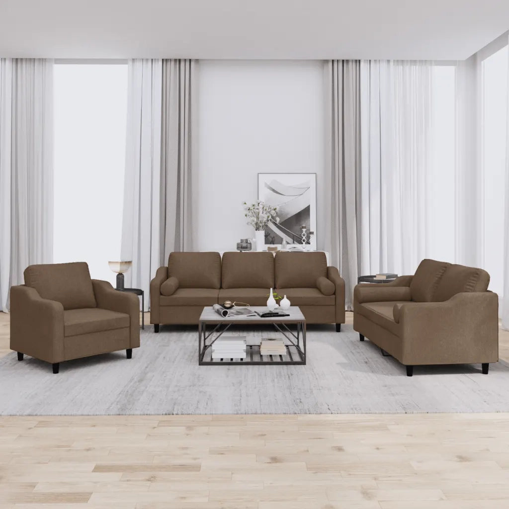 Set di Divani 3 pz con Cuscini Marrone in Tessuto