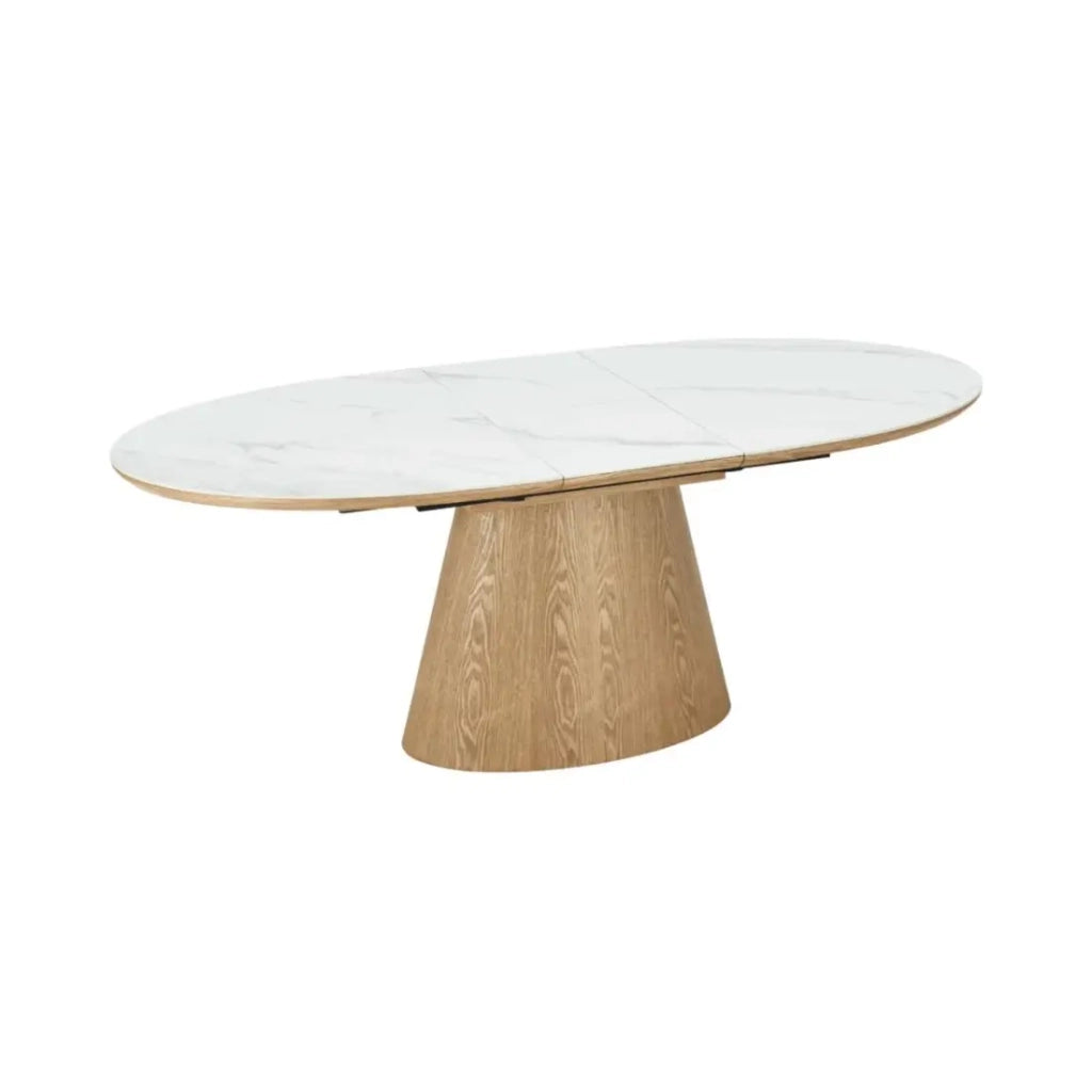 Table LUMEA – Effetto marmo bianco ceramico e legno – 160-200 cm – Estensibile – Forma ovale