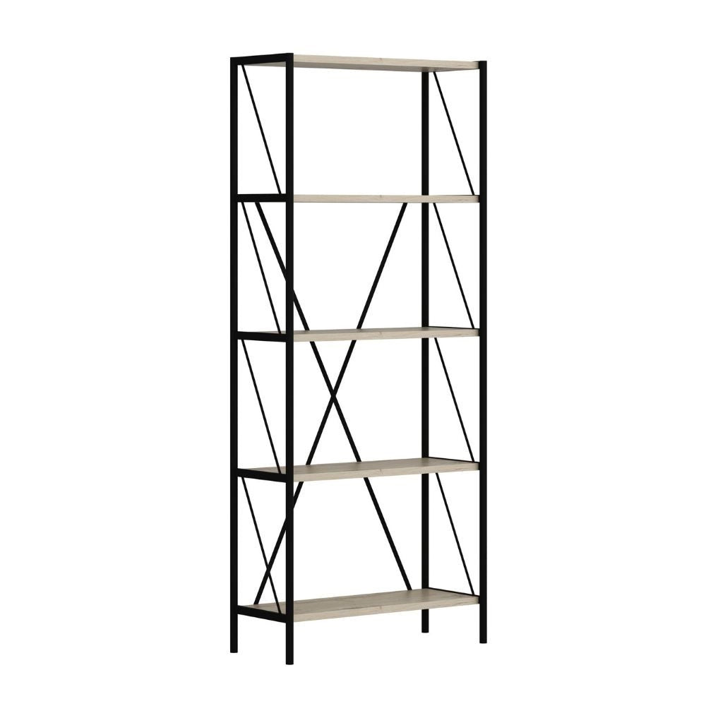 Libreria Axel con struttura in metallo nero e 5 mensole in rovere sonoma