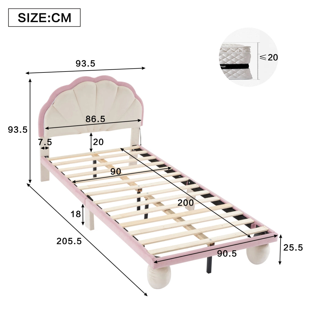 DESMIU Letto per bambini singolo con LED multicolore cangiante e testiera ondulata, 90 × 200 cm, senza materasso