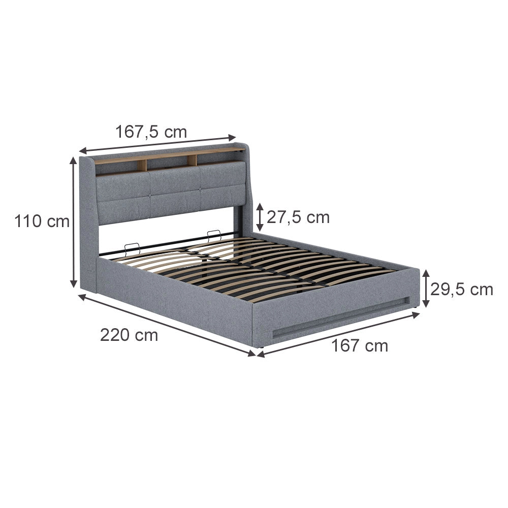 Vitalispa Letto imbottito Grigio/quercia 160x200 con LED, porta USB e materasso