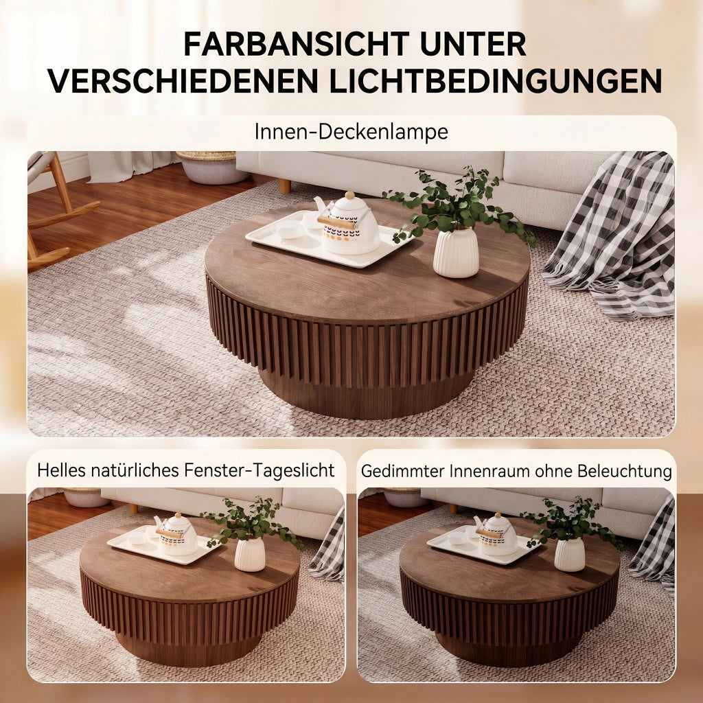 Tavolino basso rotondo con contenitore nascosto, in MDF e legno massello, finitura noce, per soggiorno e ufficio, Ø 75 cm
