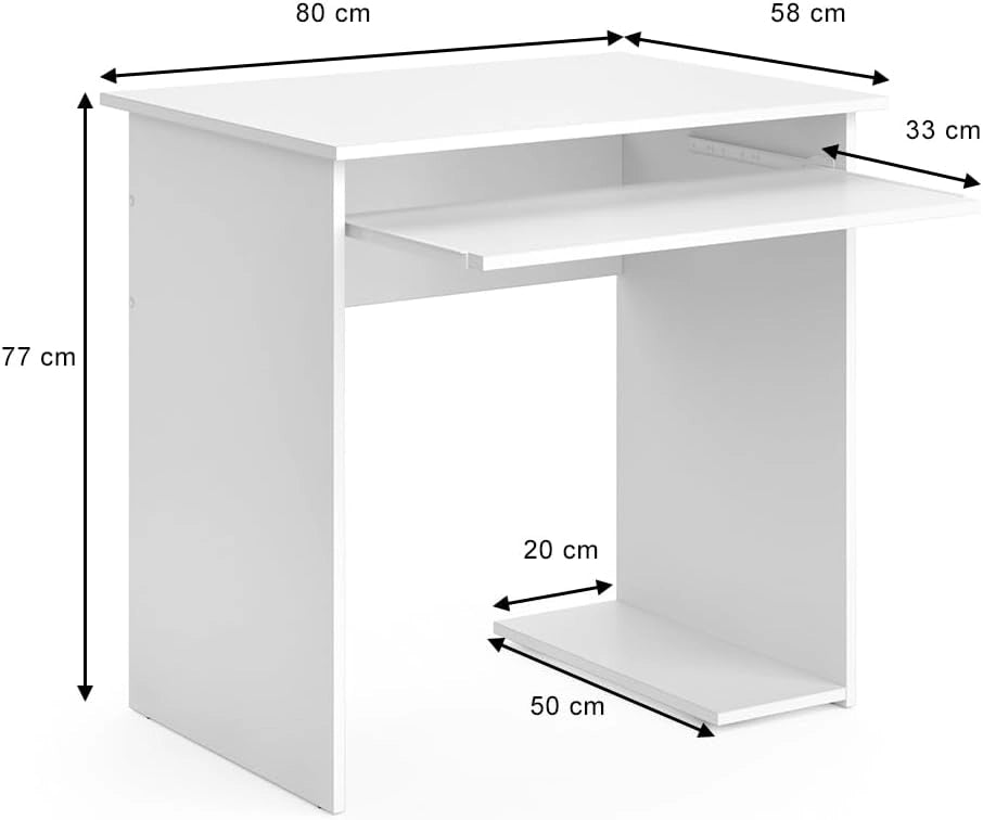 Scrivania Nick, Bianco, 80 x 58 cm, con ripiano estraibile per tastiera e supporto per unità di sistema
