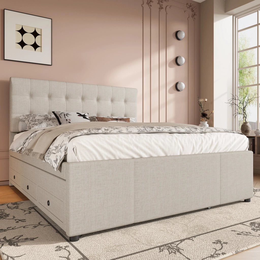 Letto matrimoniale imbottito 140x200 cm beige con letto estraibile e 3 cassetti