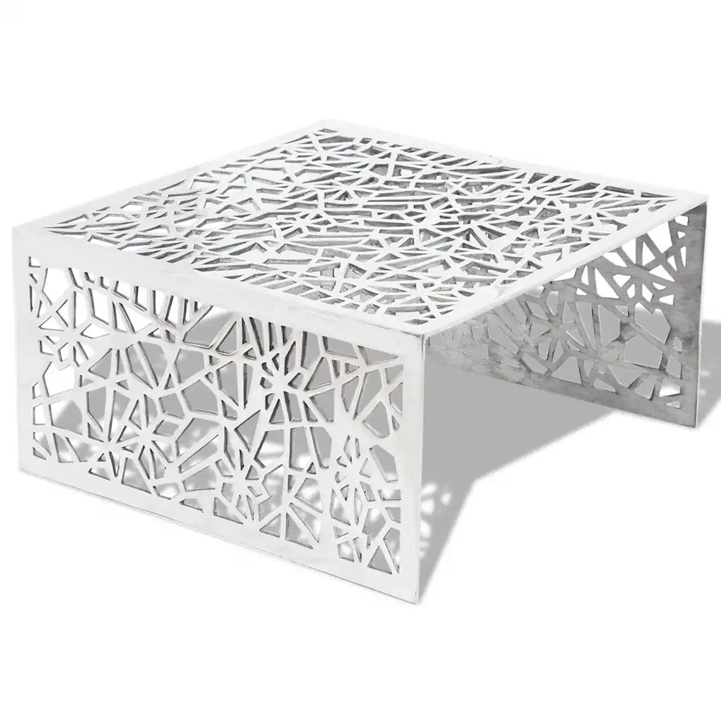 Tavolino con Design Geometrico Traforato-Tavolino da soggiorno-Tavolo Argento in Alluminio