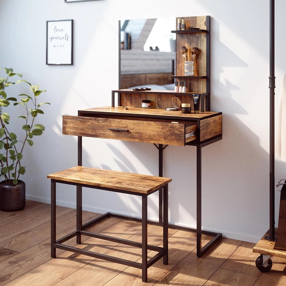Tavolo da toeletta Fyrk, Legno antico, 80 cm con sedia, adatto come seduta e piano d’appoggio per area trucco