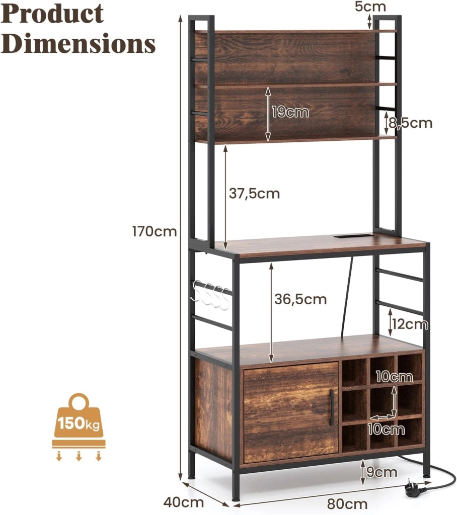 Scaffale da cucina con presa di corrente alto 170cm, scaffale da forno in legno e telaio metallico, scaffale per microonde con ganci a forma di S e portabottiglie per vino, scaffale
