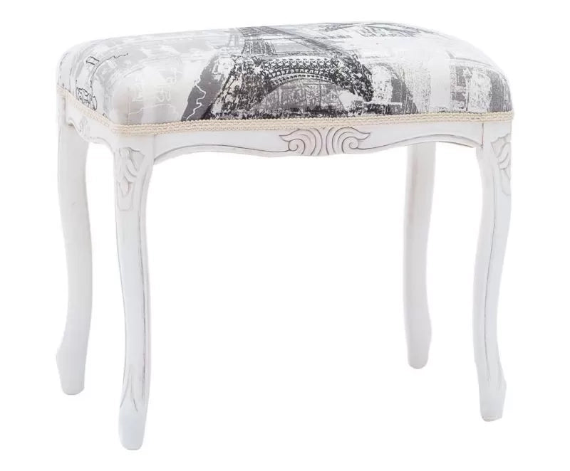 Pouff imbottito tessuto parigi legno shabby bianco 43x33x43 - Mobili 2G