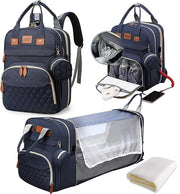 Zaino per bambini con lettino, grande contenitore per il pannolino, zaino con cuscino per il cambio, contenitore isolante, rete anti-zanzare e porta carica USB, blu scuro