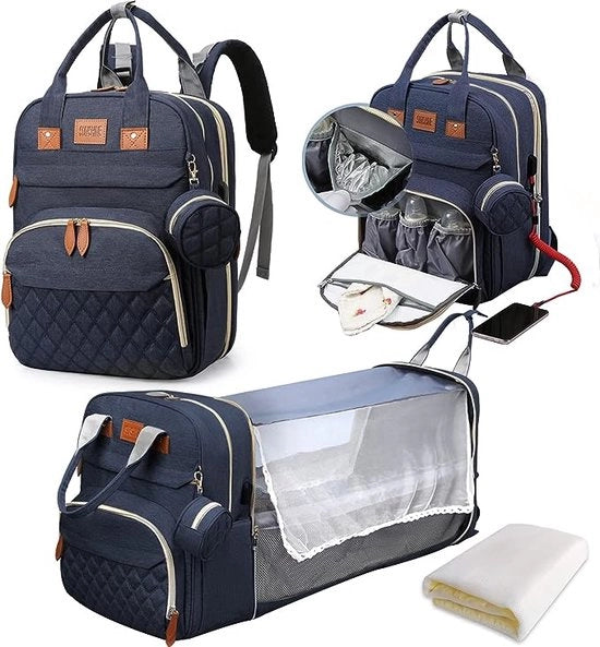 Zaino per bambini con lettino, grande contenitore per il pannolino, zaino con cuscino per il cambio, contenitore isolante, rete anti-zanzare e porta carica USB, blu scuro