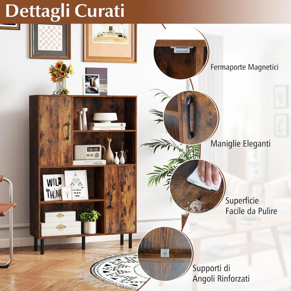 Credenza Mobile da Cucina, Libreria Verticale in Legno con 2 Ante, 4 Ripiani Aperti e 5 Gambe in Metallo, Mobile Dispensa Moderno per Soggiorno, Studio e Ufficio, 80 x 24 x 119,5 cm (Marrone)