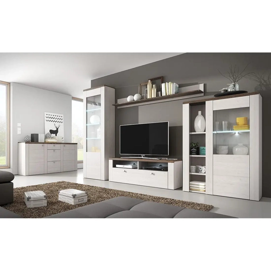 Vetrina alta design con 1 porta collezione SANTIAGO. Color bianco effetto legno e rovere.