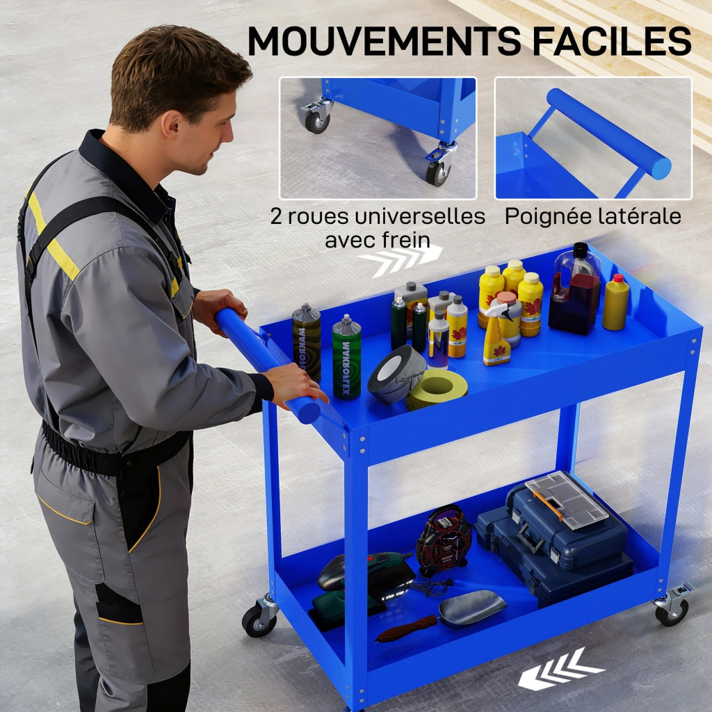 Carrello da lavoro a 2 livelli con maniglia laterale e ruote bloccabili ¨C zephmum ¨C 84.5x38x84cm blu