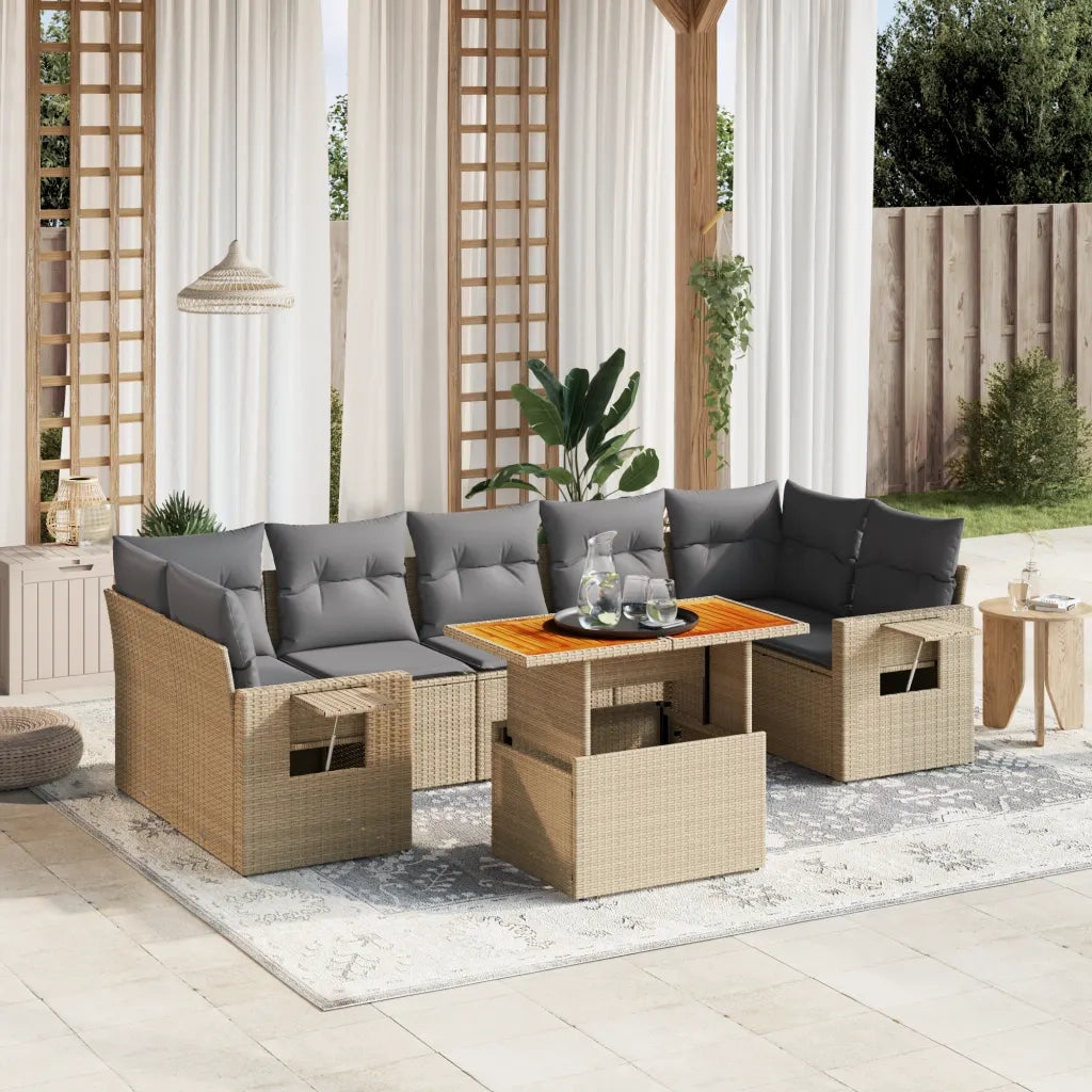 Set Divano da Giardino 8 pz con Cuscini Beige in Polyrattan