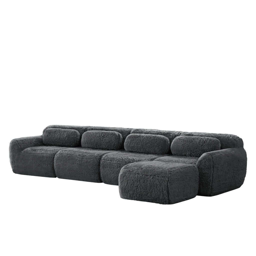 Divano Angolare 4 Posti con Chaise Longue ¨C MINIMAL ¨C Tessuto Grigio, Cuscini Inclusi