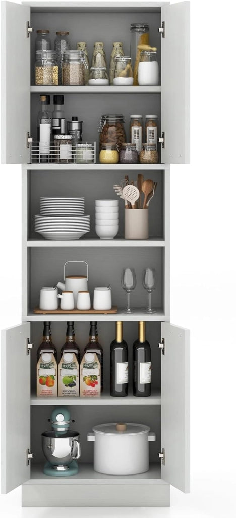 Credenza da Cucina, Mobile Buffet Alto con 2 Armadi a Doppia Porta e 2 Mensole Aperte, per Soggiorno, Cucina e Sala da Pranzo, 56 x 30 x 190 cm (Quercia Bianca)