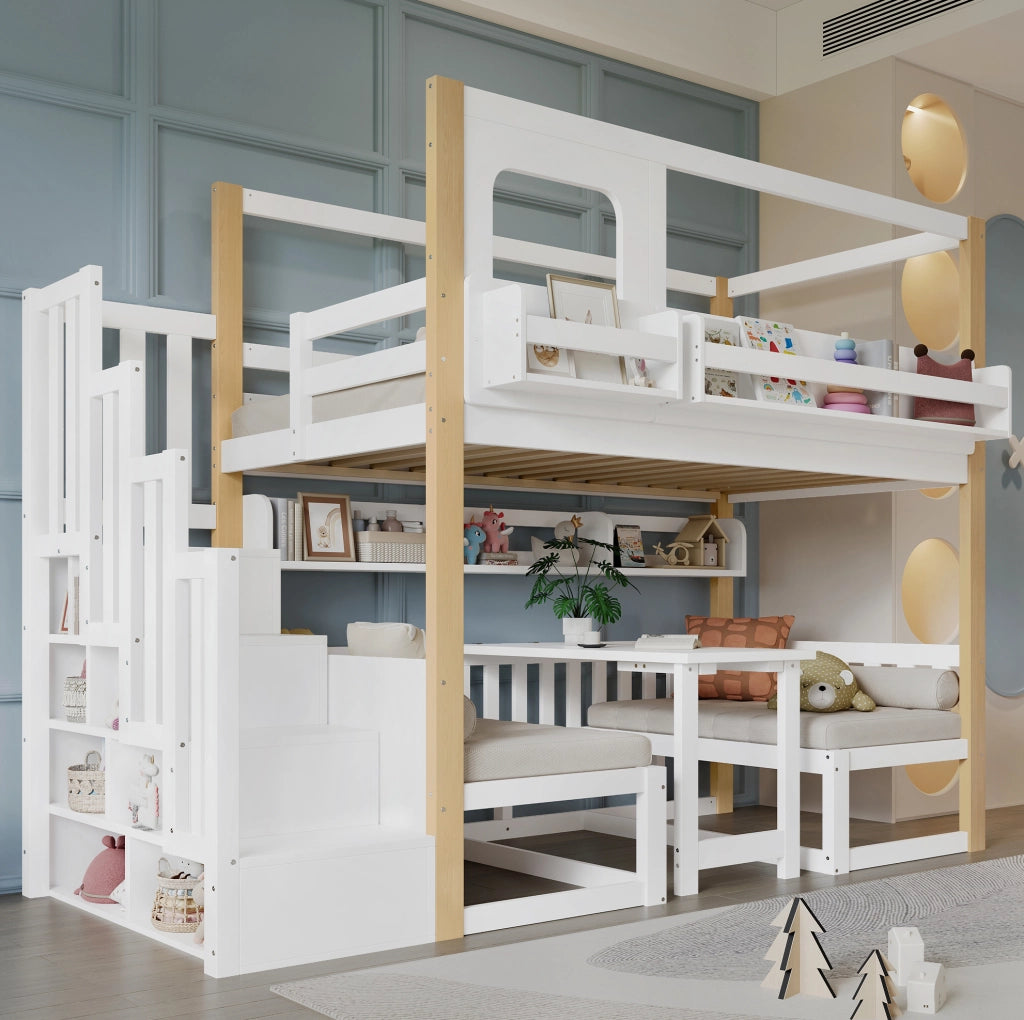 Letto a castello per bambini 90x200 cm con tavolo pieghevole e scala contenitore