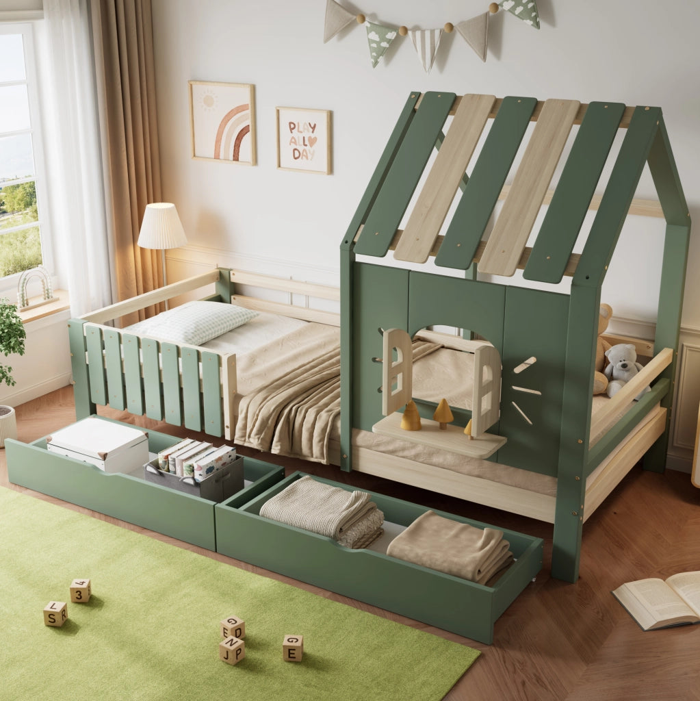 Letto a casetta per bambini verde naturale 90x200 cm con 2 cassetti