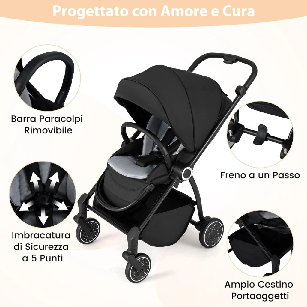 Passeggino per Bambini Reversibile, Passeggino Pieghevole per Neonati con Schienale Reclinabile, Cappotta Regolabile, Cestello Portaoggetti, per Neonati 0-36 Mesi, Portata 15 kg (Nero)