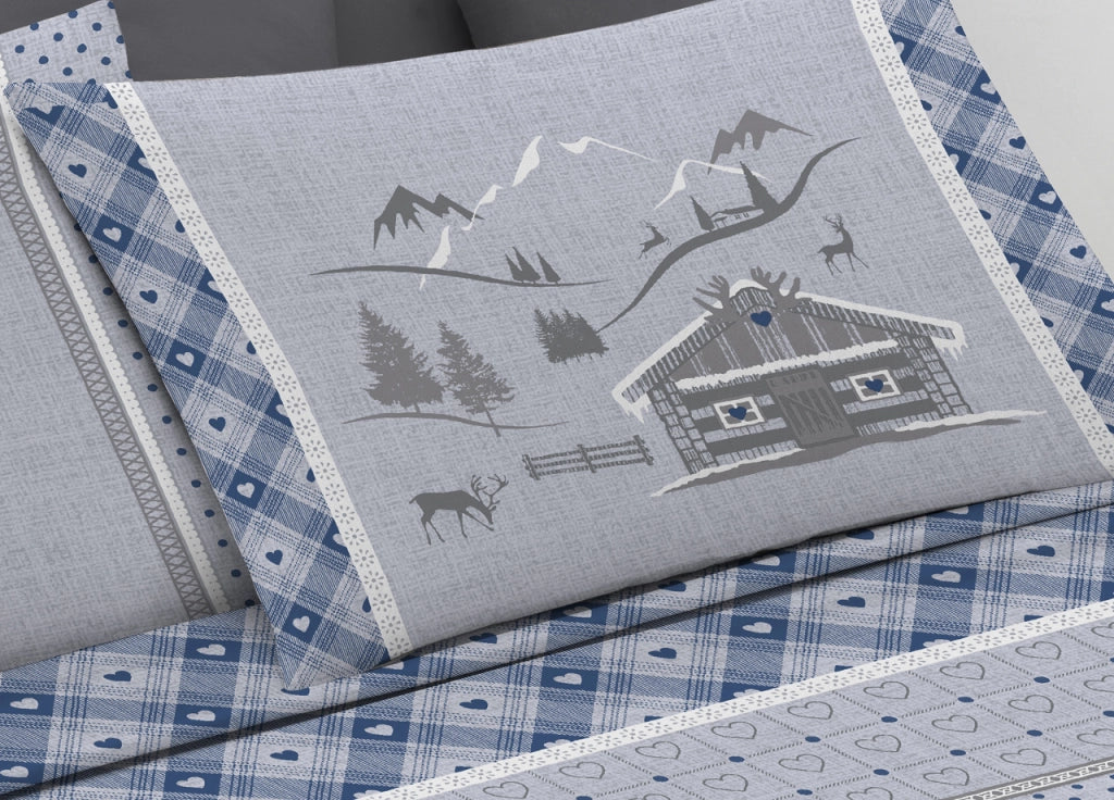 Completo Lenzuola Flanella Pensieri Delicati 100% Cotone Disegno Chalet - Piazza E Mezza - Blu