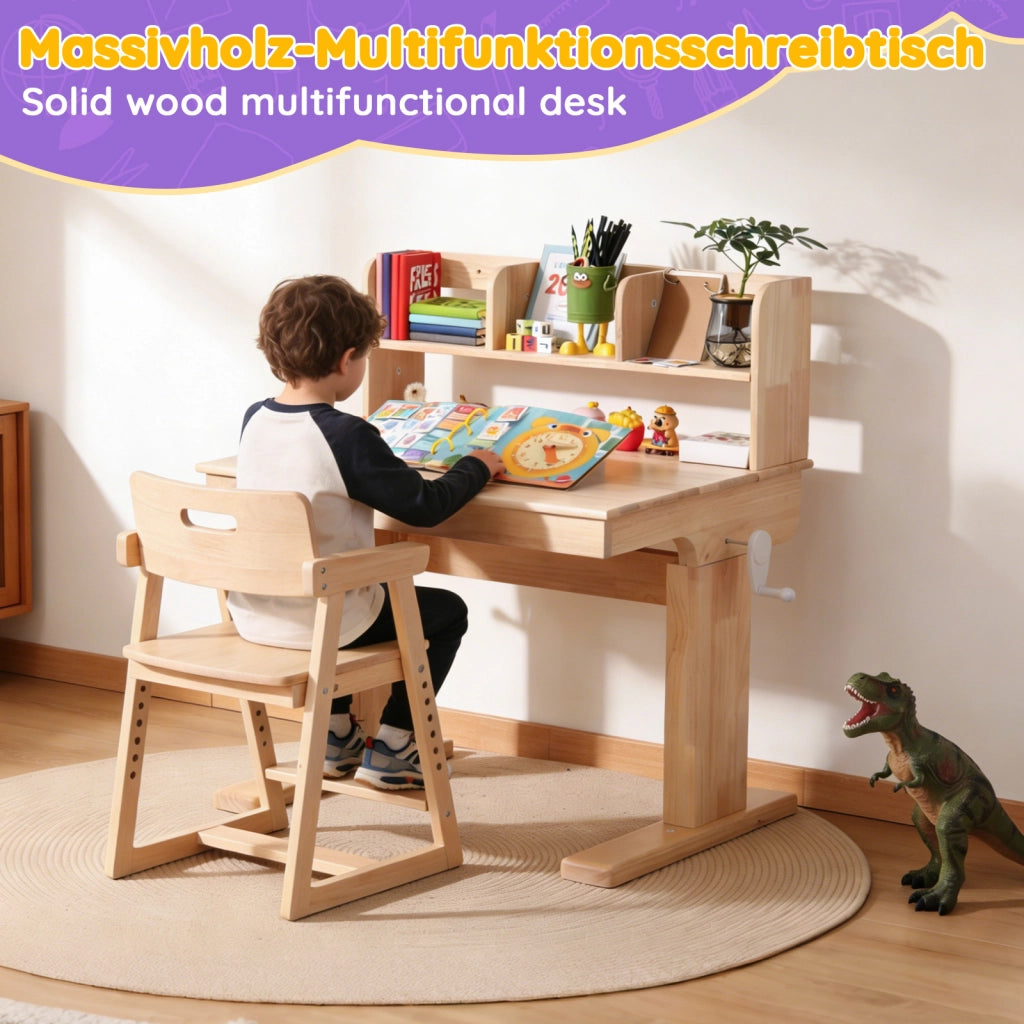 Scrivania per bambini con altezza regolabile e piano inclinabile con vani aperti in legno naturale 92,2 × 60 × 89 cm