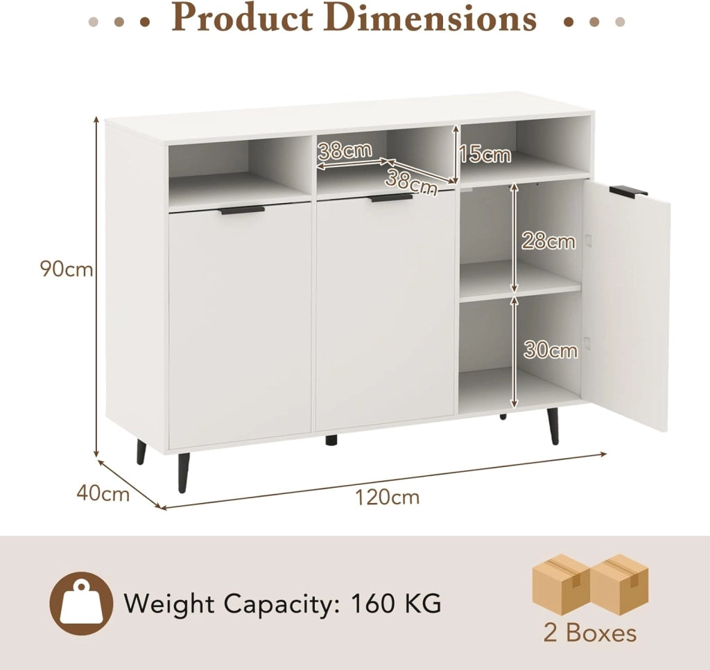 Credenza da Buffet con 3 Ante, Mobilellto da Cucina con Ripiani Regolabili in Altezza, 3 Scomparti Aperti e 3 Armadi, Armadietto Autoportante per Bar, Soggiorno e Sala da Pranzo, Bianco