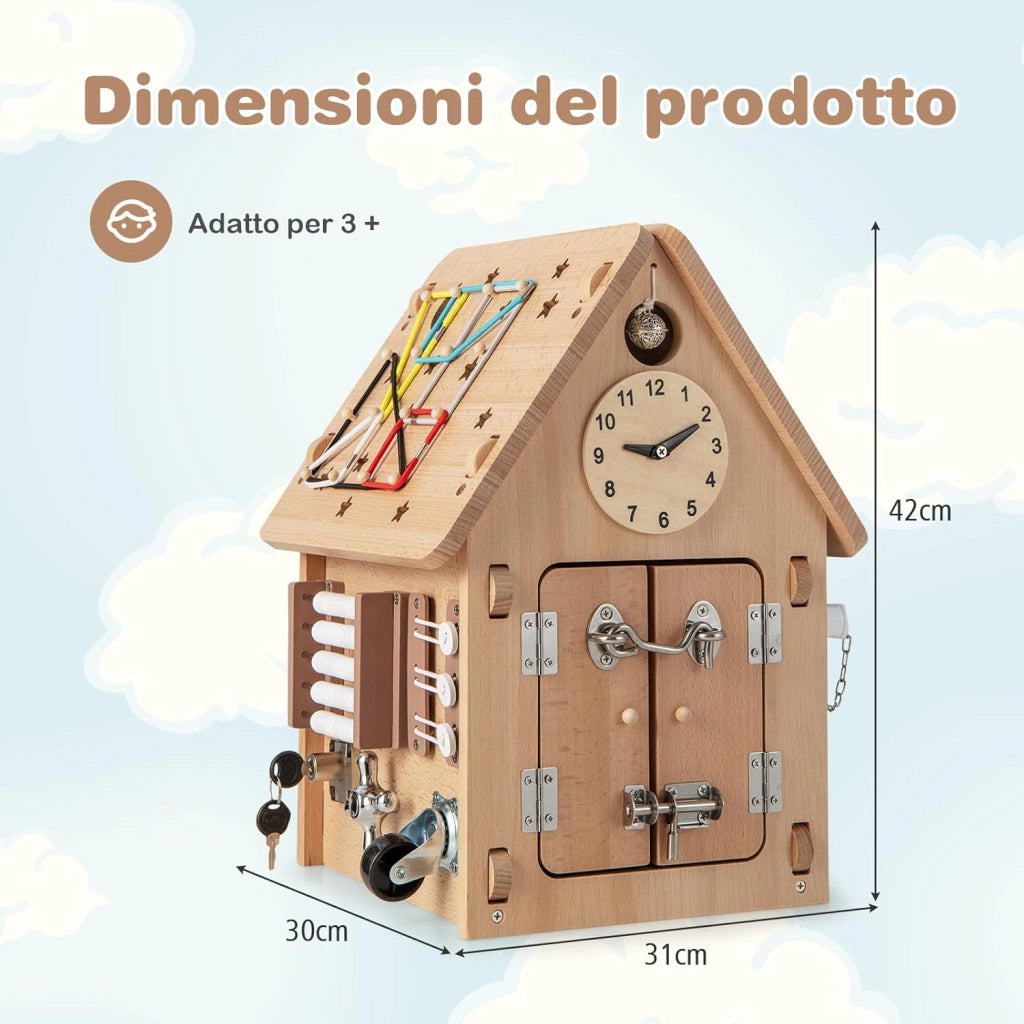 Occupato Montessori per Bambini in Legno, Casetta Giocattolo Piccola con Giochi Sensoriali e Vano Interno, Giochi Montessori per Motricità Fine, per Bambini 3 Anni+