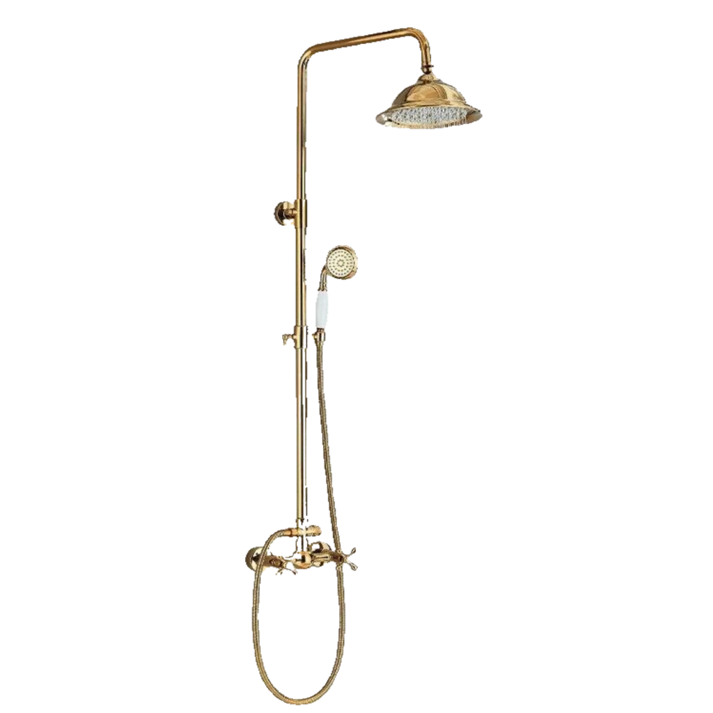 NALA | Set doccia a pioggia vintage in acciaio inossidabile lucido oro | Sistema doccia con rubinetto dal design retrò | Miscelatore doccia completo