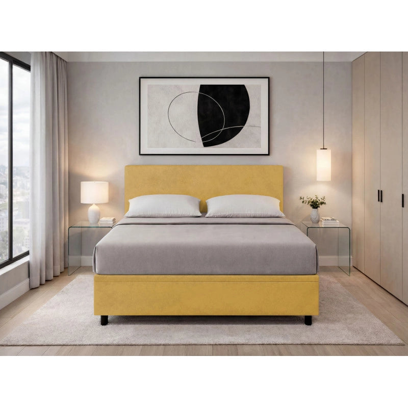 Letto imbottito Letto Matrimoniale alla Francese 140x200 cm Flat - Contenitore,Microfibra,Ocra