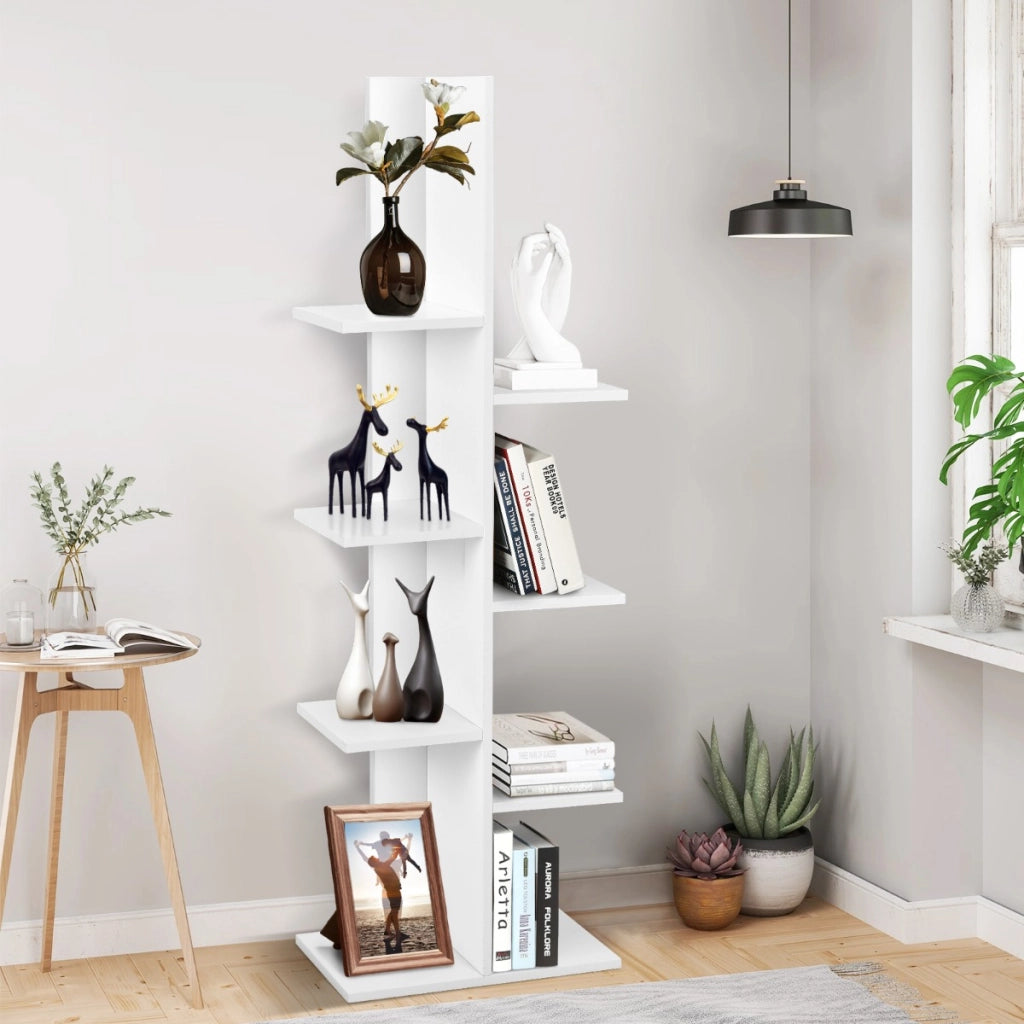 Libreria ad albero autoportante a 8 ripiani in legno-Stand espositivo multifunzionale per libri e piante Bianco