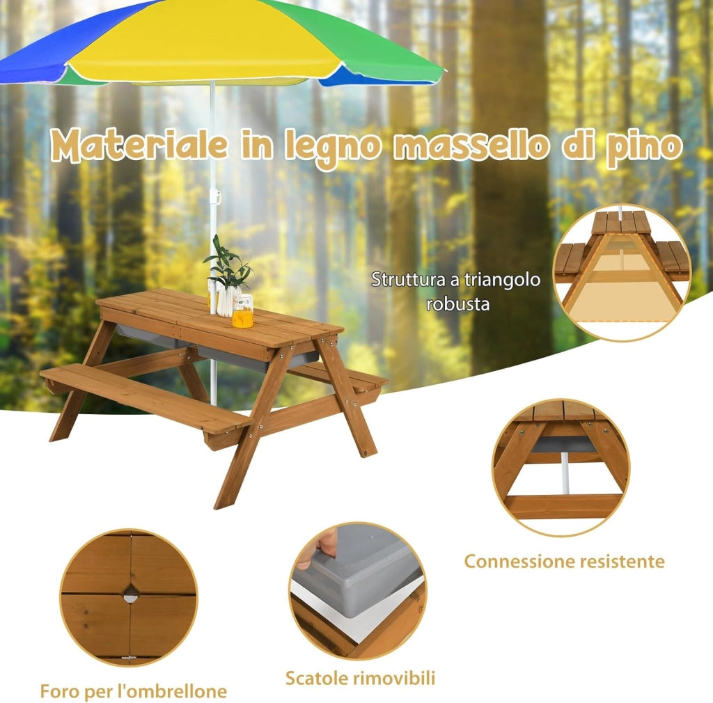 Set Tavolo e Sedie per Bambini da Giardino 3 in 1, con Ombrellone Rimovibile e Regolabile, Piano Rimovibile, Tavolo con Panche in Legno per Bambini da Interno Esterno (Colore 3)