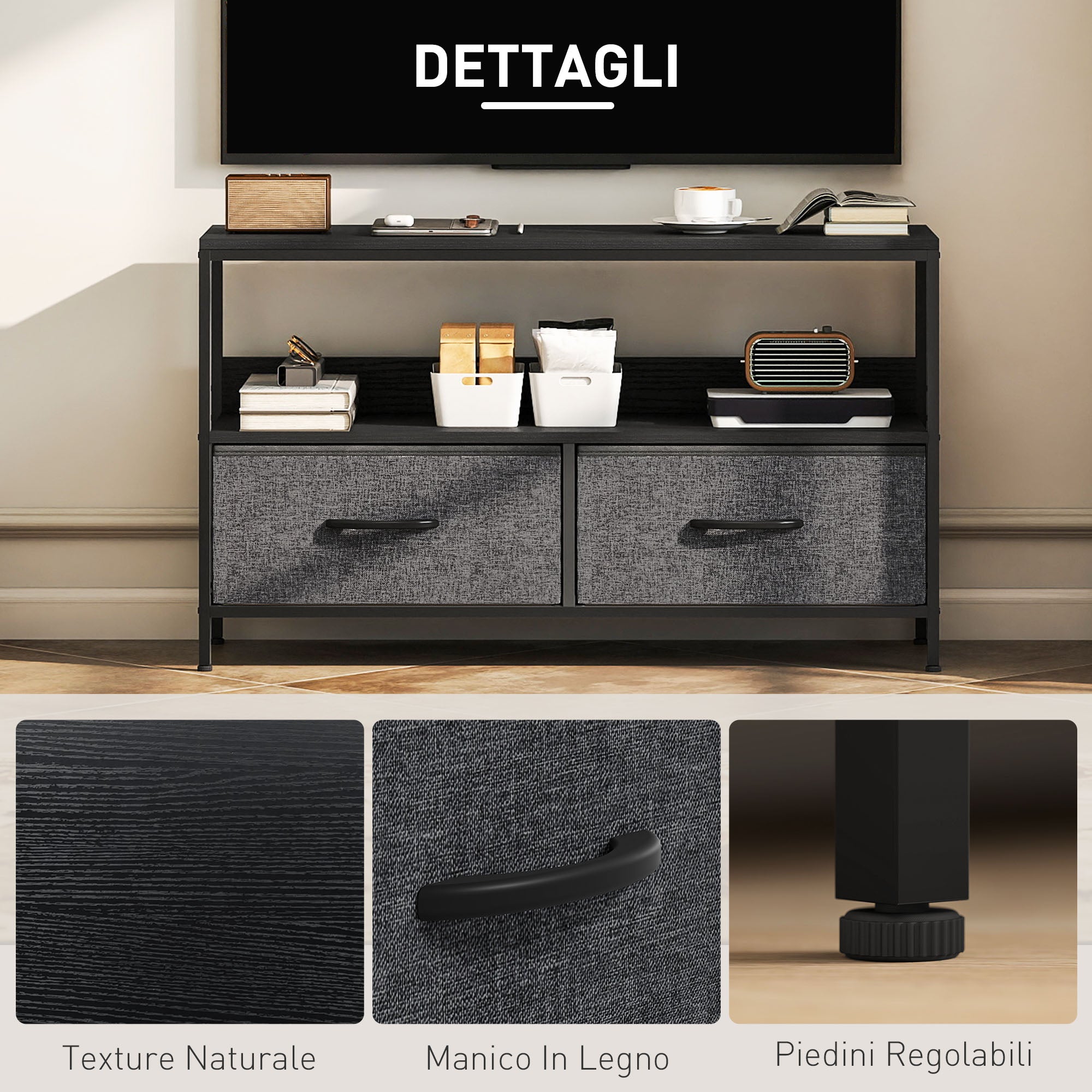 Mobile Porta TV 98x29x56 cm da 47" con Cassetti Pieghevoli in Tessuto e Mensola in Metallo e MDF Nero