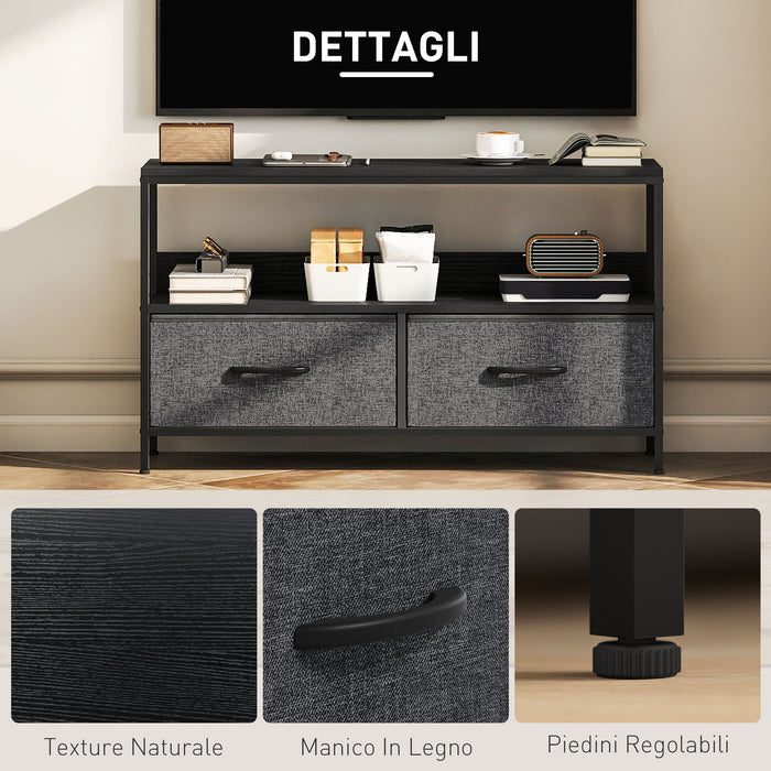 Mobile Porta TV 98x29x56 cm da 47" con Cassetti Pieghevoli in Tessuto e Mensola in Metallo e MDF Nero