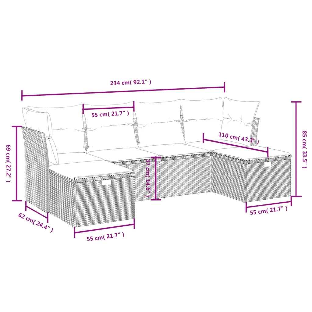 Set Divano da Giardino 6 pz con Cuscini Grigio in Polyrattan