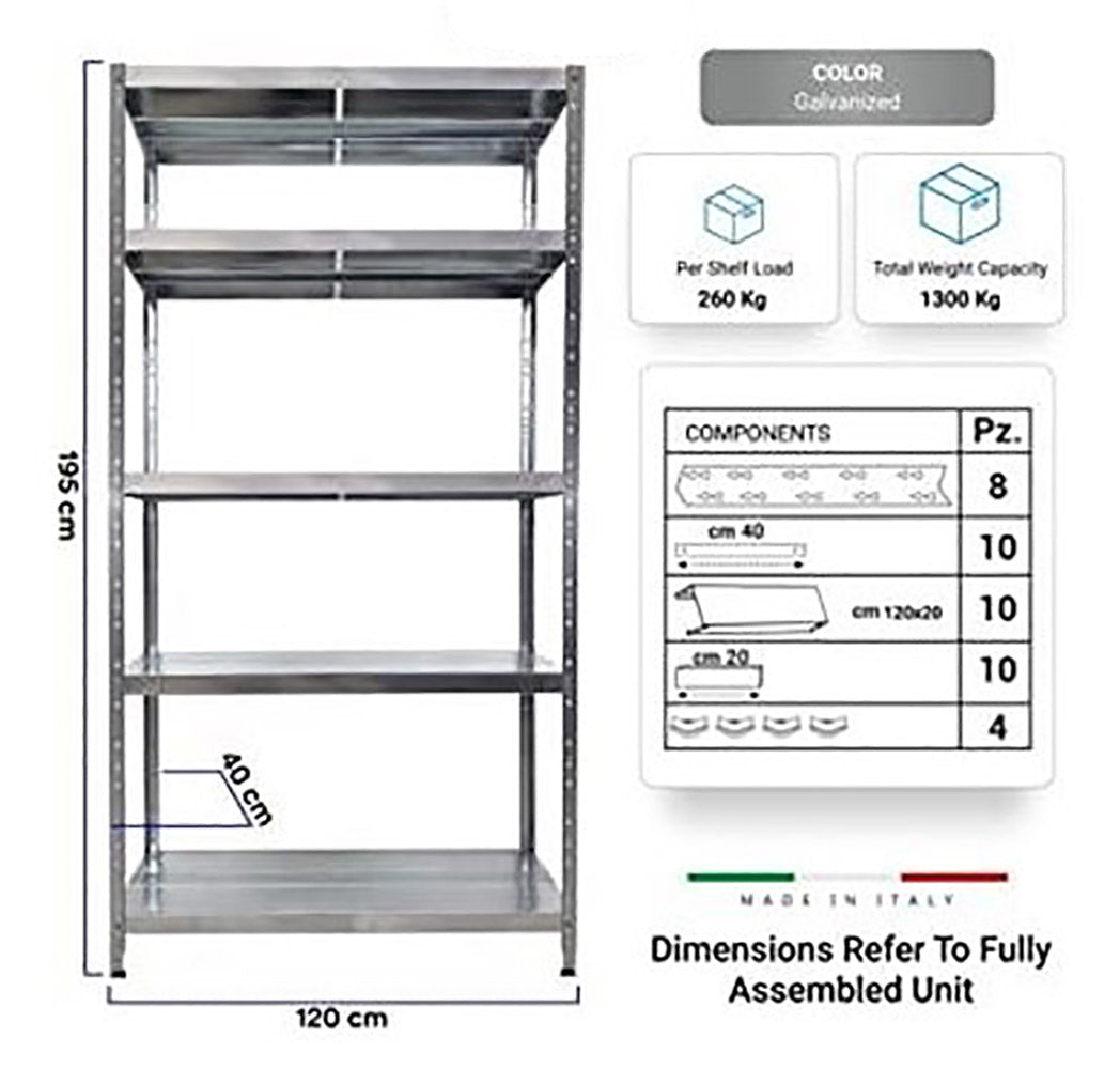 Scaffale in Metallo 5 Ripiani 120x40x195 cm Maciste Zincato