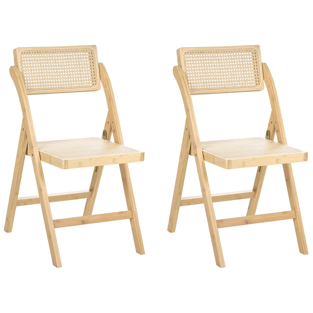 Set di 2 sedie da pranzo in bambù marrone chiaro e rattan sintetico pieghevoli stile boho per cucina e sala da pranzo