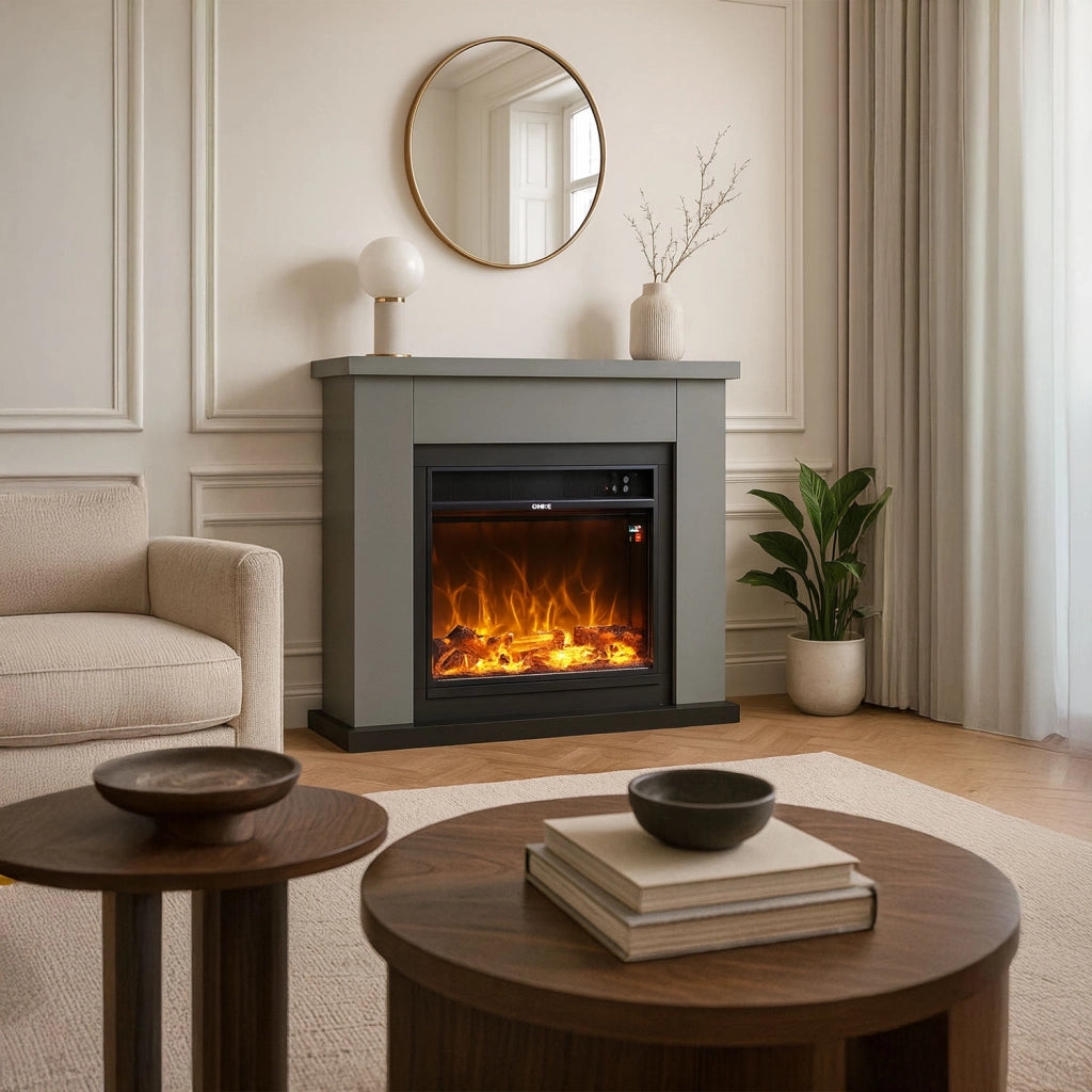Caminetto Fuego Paolo Antracita 1500w a Parete Con Cornice Telecomando e Bruciatore Grigio Scuro