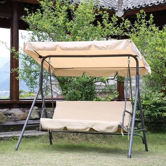 Dondolo Altalena da Giardino 3 Posti in Acciaio con Parasole Regolabile Beige