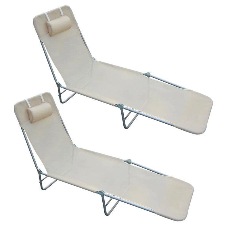 SET 2 LETTINI PRENDISOLE PIEGHEVOLI CON SCHIENALE RECLINABILE A 4 LIVELLI, METALLO E TESSUTO A RETE, BEIGE