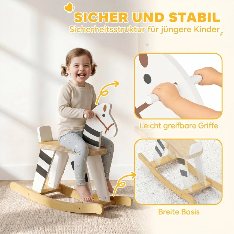 Cavallo a dondolo, animale a dondolo per bambini con maniglie e schienale a forma di pony per bambini da 1,5 a 3 anni, bianco e nero